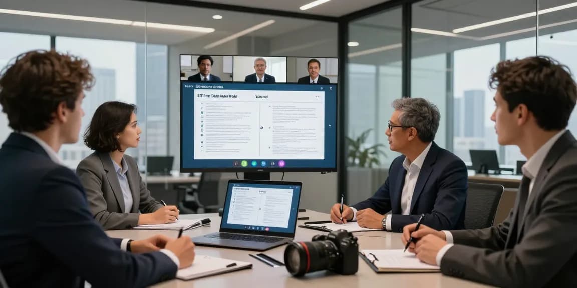 Team discussing EE vs Three business plans in a modern conference room setting.