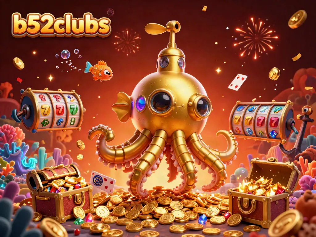 B52clubs showcases an engaging underwater scene with a unique golden kraken and explosive slot reels.