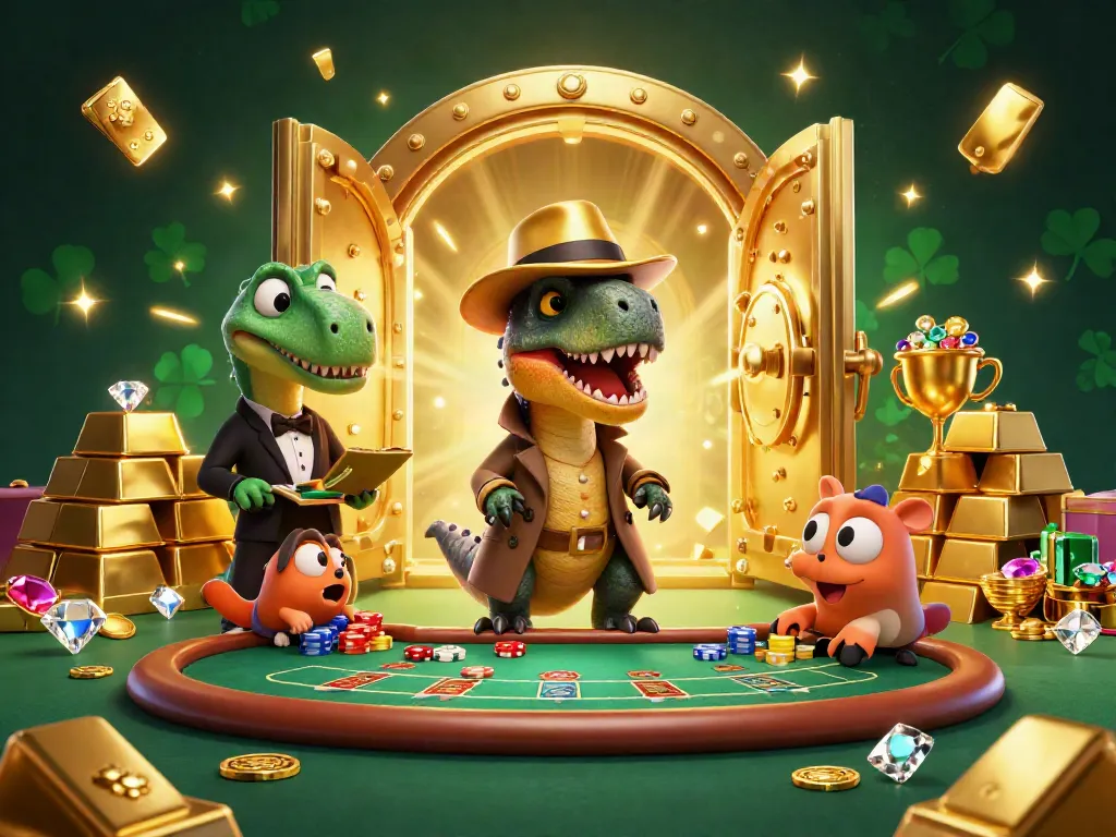 Gavangtv card counter velociraptor surrounded by treasures at a blackjack table