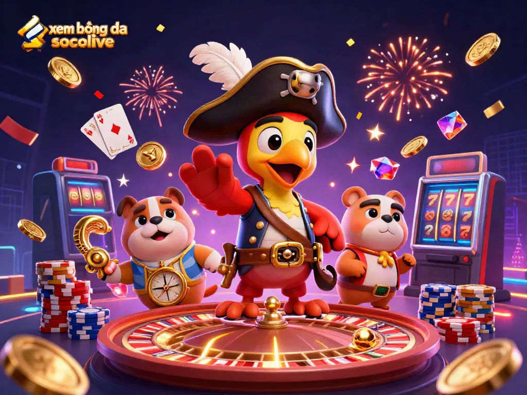 Experience xem bóng đá socolive with a vibrant 3D illustration of iconic gaming elements and characters.