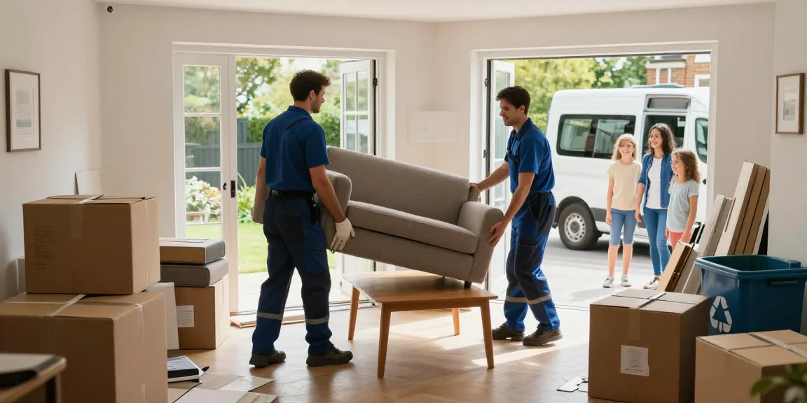 Reliable house clearance London services with professionals removing clutter and old furniture from a home, showcasing eco-friendly disposal practices.