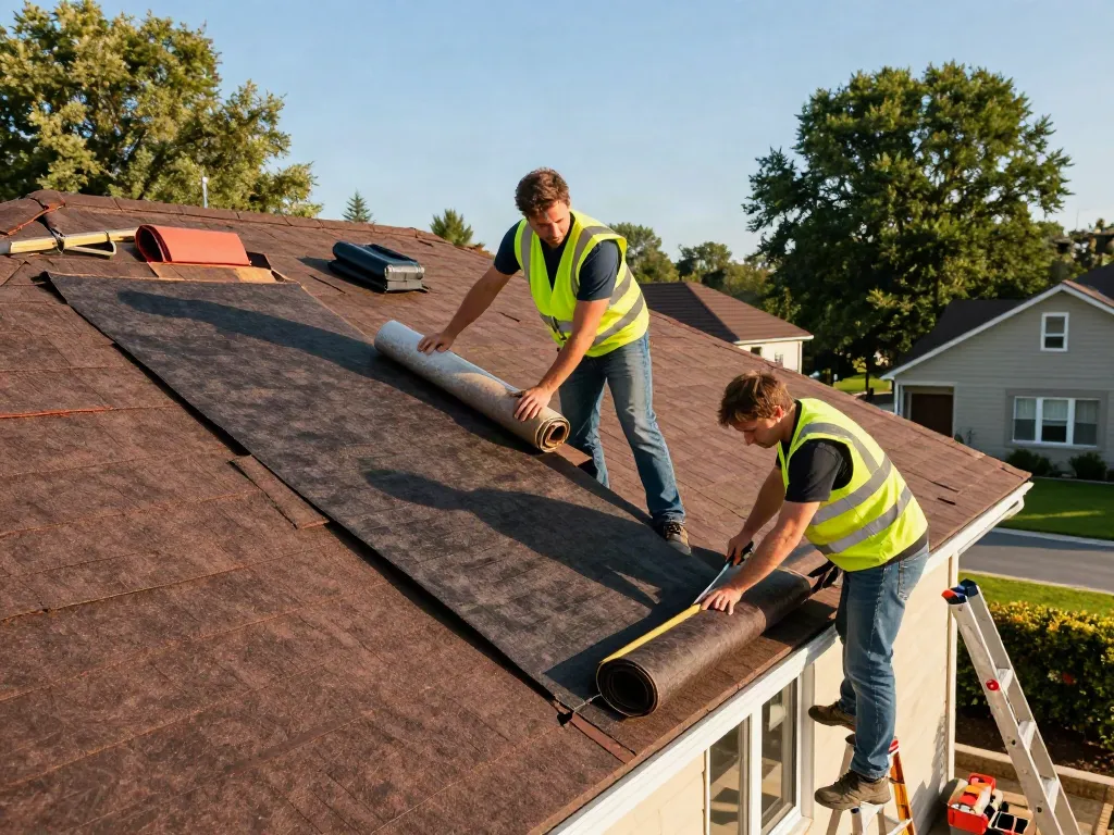 Felt roof replacement scene with professional roofers inspecting and installing new felt on a residential house.