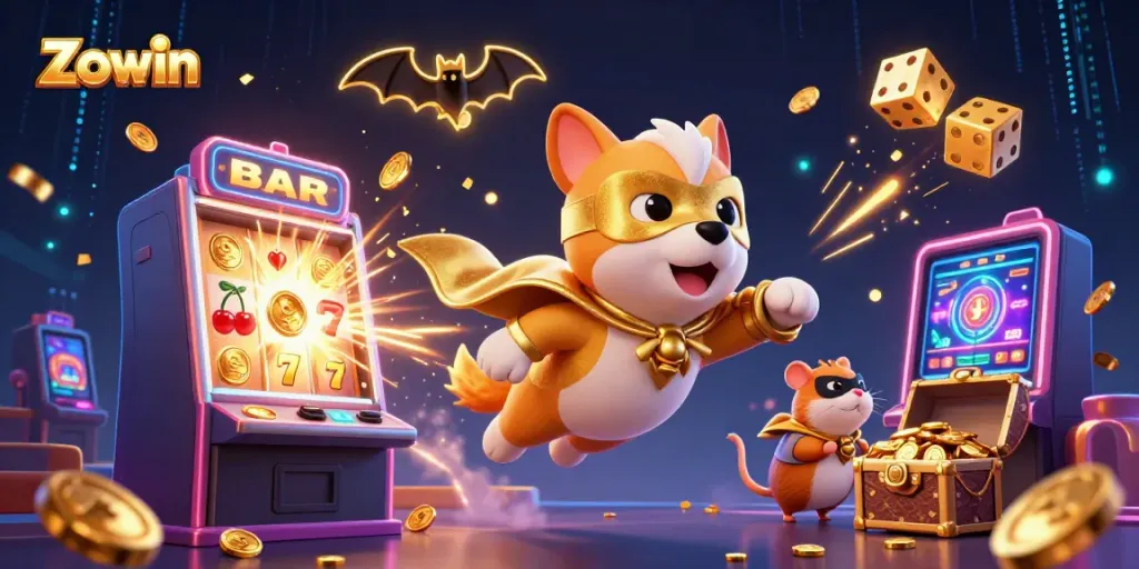 Zowin casino adventure featuring a superhero dog, hamster sidekick, and vibrant game elements.