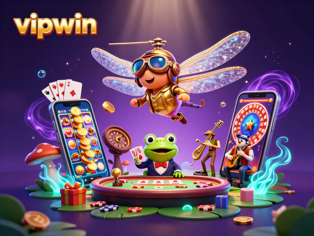 Experience thrilling action at vipwin with a dragonfly pilot, frog dealer, and jazzing crickets in a vibrant casino scene.