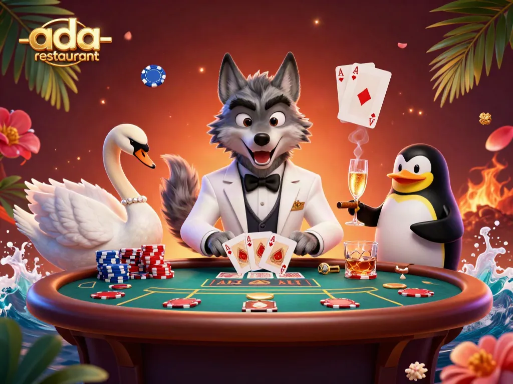 Experience excitement at the ada-restaurant with lively gaming characters and vibrant casino elements.