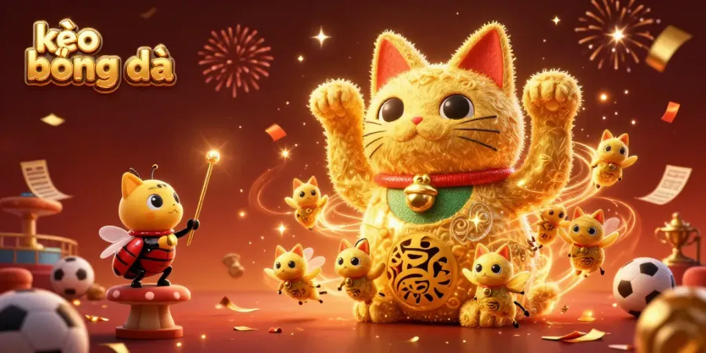 Experience the excitement of kèo bóng đá with vibrant visuals of a lucky cat and dynamic sports betting elements.