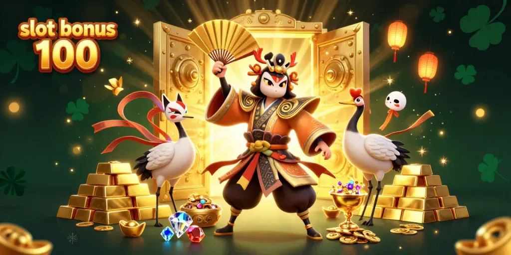 Experience the excitement of slot bonus 100 with colorful characters and golden treasures in this vibrant 3D illustration.