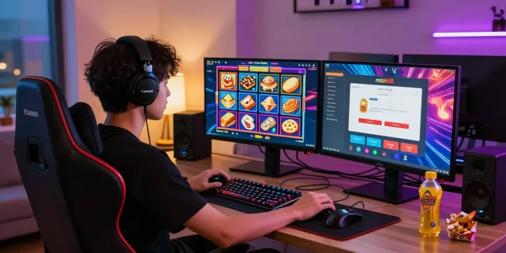rokok88 slot login interface displayed on dual monitors, vibrant gaming setup