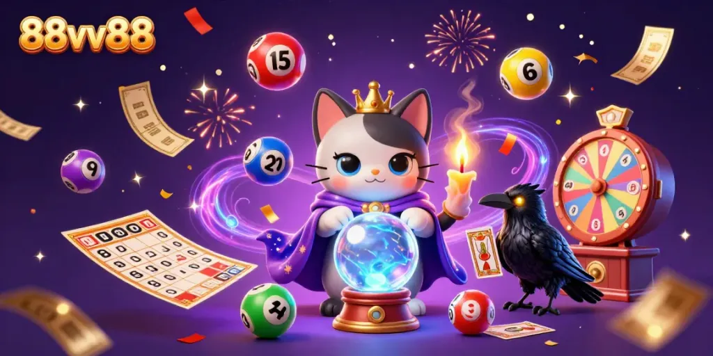 Experience the thrill of 88vv88 with vibrant gambling elements and characters in a mystical scene.