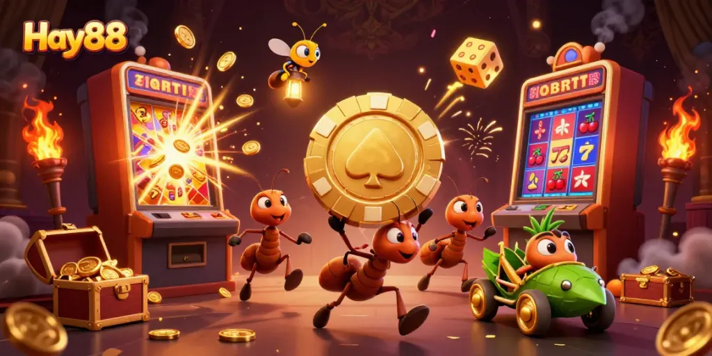 Experience the excitement of Hay88 as cartoon ants carry a giant poker chip amidst a casino adventure.