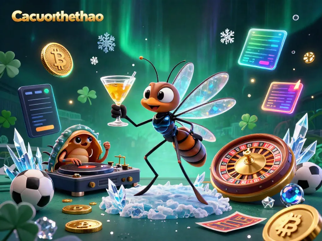 Engage with Cacuocthethao by placing bets during thrilling sporting events with lively casino mascots and neon cryptocurrency elements.