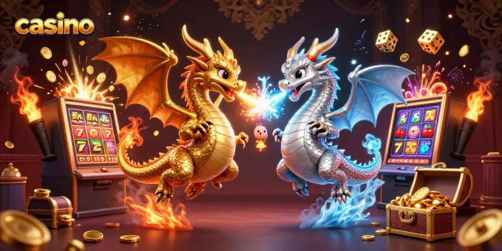 Engage with exciting casino adventures featuring a gold and silver dragon in a vibrant casino world.