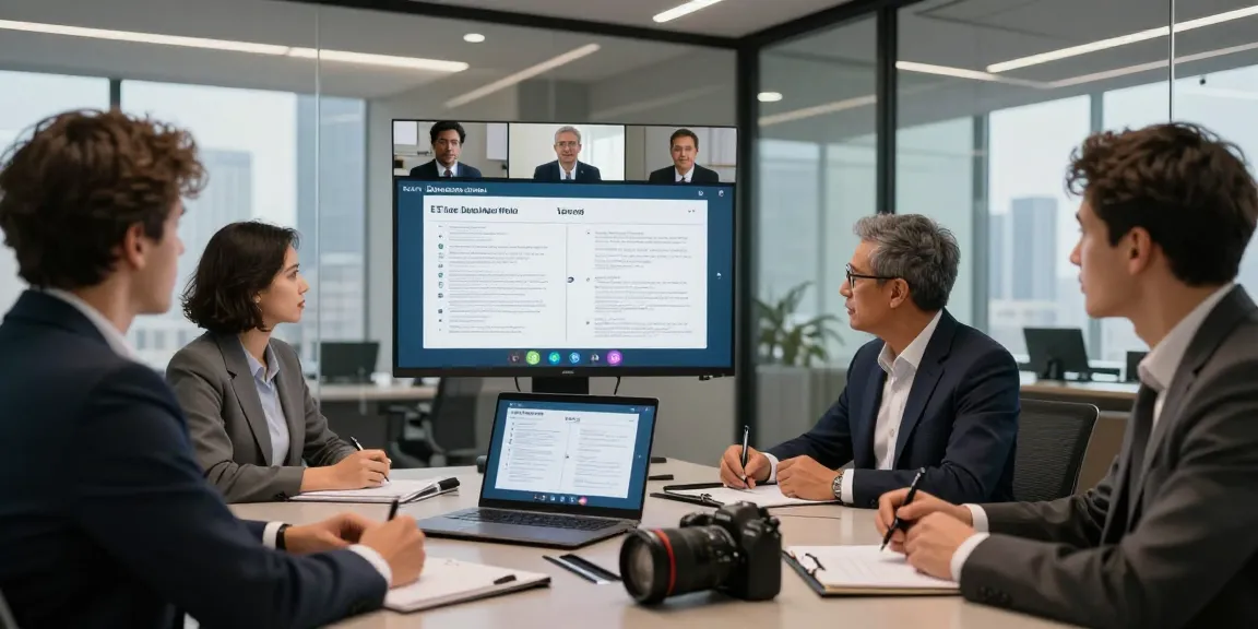 Team discussing EE vs Three business plans in a modern conference room setting.