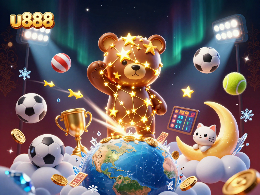 Experience the excitement of u888 casino with golden stars, dynamic sports balls, and rich gaming elements in a vibrant scene.