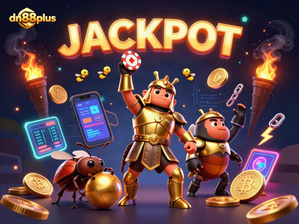 Play and win with dn88plus in this vibrant, dynamic 3D casino illustration featuring a golden poker chip and characters celebrating a jackpot.