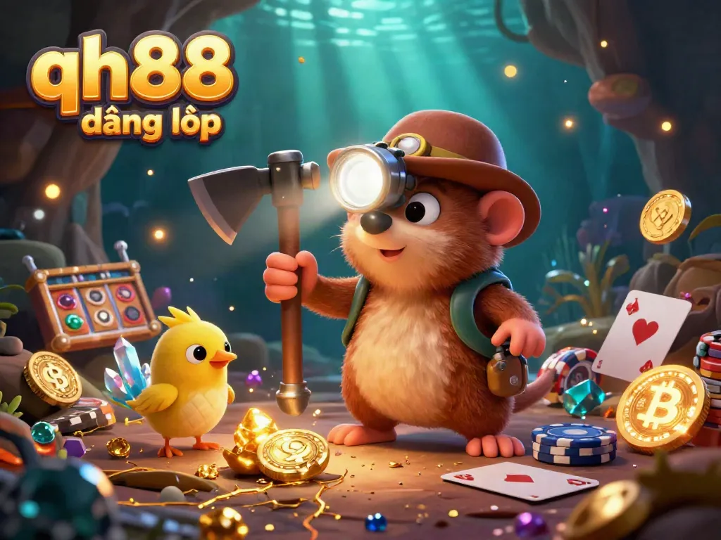 Engage with qh88 đăng nhập through a cartoon scene of a treasure hunter mole amidst a vibrant casino setting.