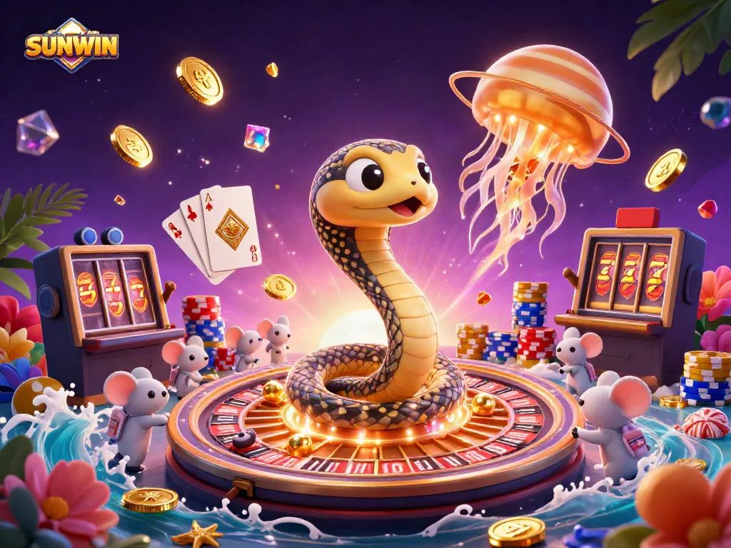 SUNWIN players engaging with a roulette wheel and vibrant casino elements in a cosmic scene.