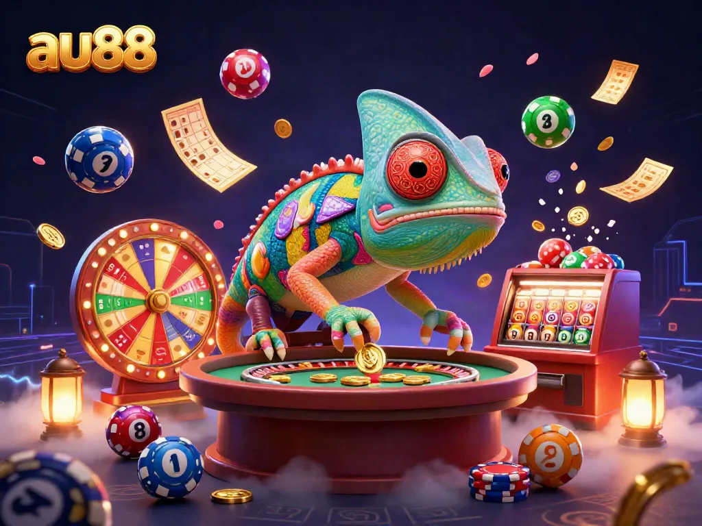 Experience au88 through a vibrant casino scene with a chameleon owner collecting coins and lottery elements.