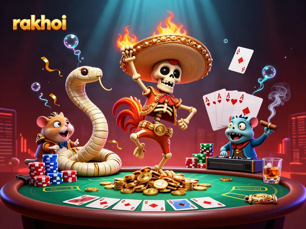 Experience vibrant victory moments with rakhoi, highlighted by a dancing mariachi rooster, golden coins, and dynamic poker elements.