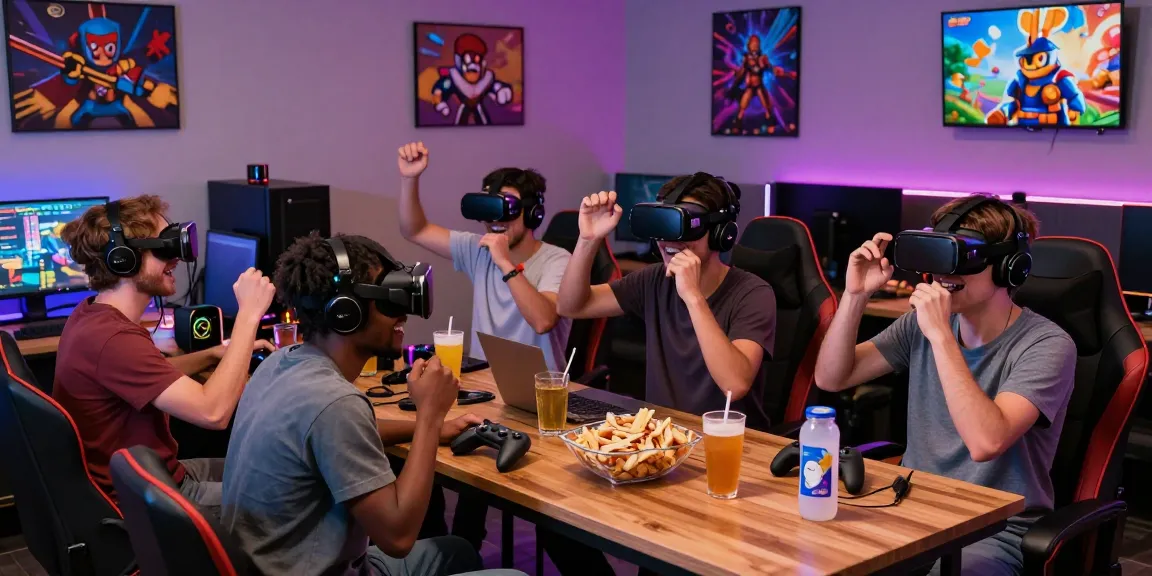 Group of friends enjoying a porngame in a vibrant gaming lounge, featuring VR setup and colorful LED lights.