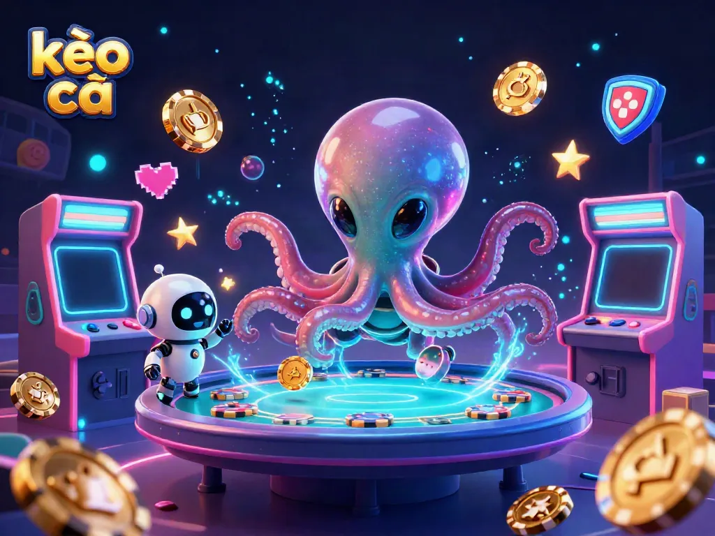 Explore kèo nhà cái in this vibrant 3D scene featuring an alien octopus at a poker table.