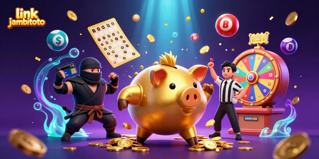 Engage with the vibrant action of link jambitoto, showcasing colorful lottery elements and dynamic characters.