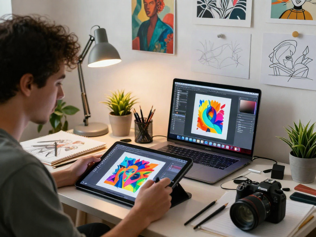Creating innovative nsfw ai art in a vibrant digital studio with technology tools.