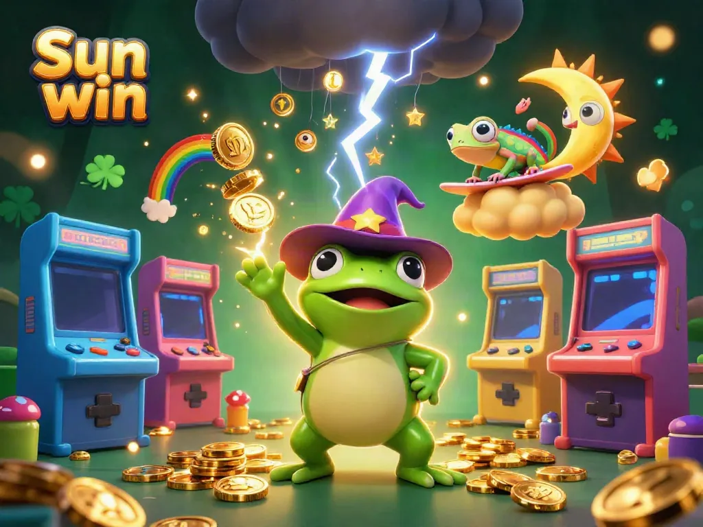 Experience the excitement at Sun win with joyous gaming characters amidst gold and luck.