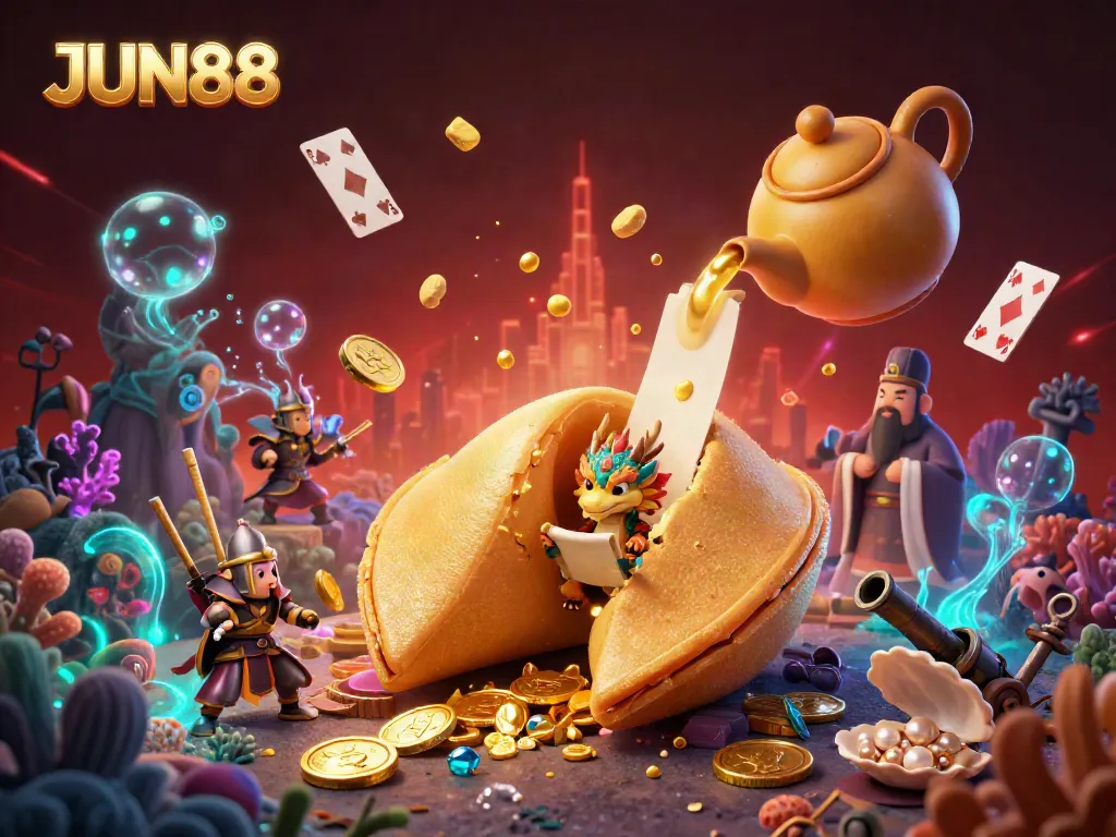 Experience thrilling fun at JUN88 with a dynamic 3D scene featuring a giant fortune cookie and vibrant gaming elements.