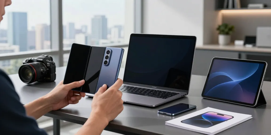 Testing a tri-fold phone in a modern tech workspace with bright natural light.