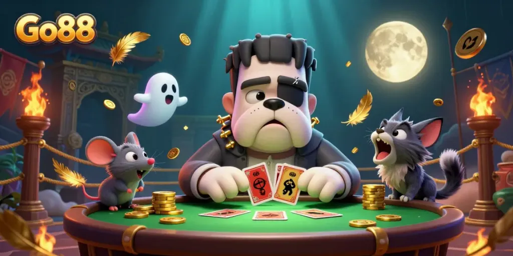 Go88's vibrant casino scene featuring a playful Frankenstein bulldog dealing cards at a spooky table surrounded by festive elements.