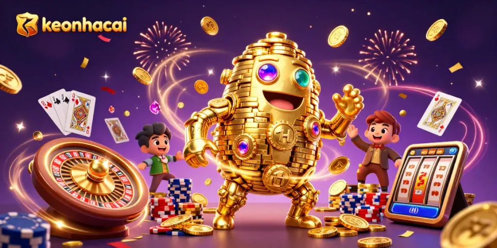 Experience thrilling bets with keonhacai's dynamic gaming scene, featuring golden golems and vibrant casino elements.