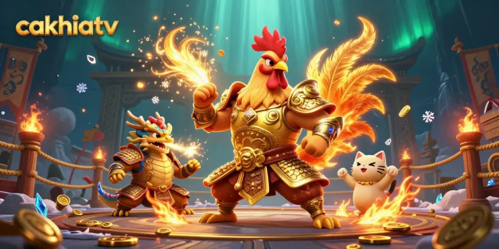 Experience thrilling battles with cakhiatv's impressive rooster warrior and dragon hatchling in an immersive setting.