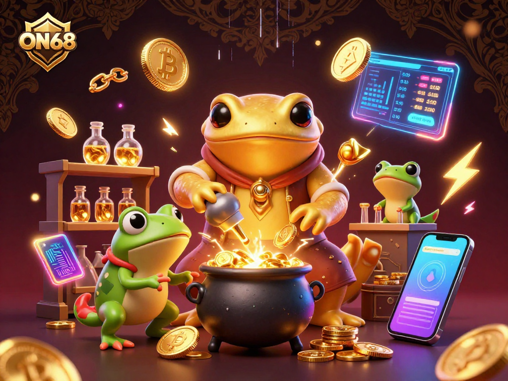 Experience ON68 with our enchanting 3D casino scene featuring gold alchemy and crypto elements.