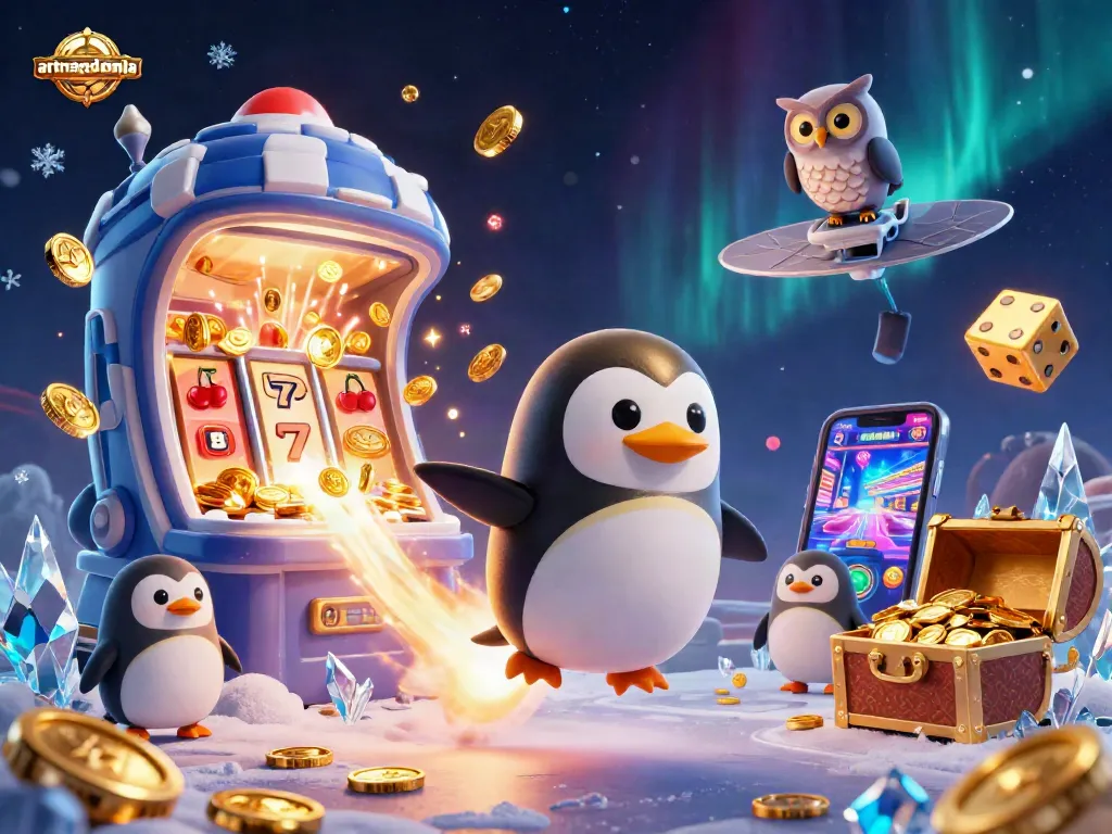 Artmageddonla presents a dynamic casino scene with a golden penguin and jackpot excitement.