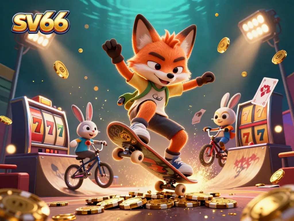 Experience sv66 through an exciting casino scene with cartoon characters, casino symbols, and dynamic action.