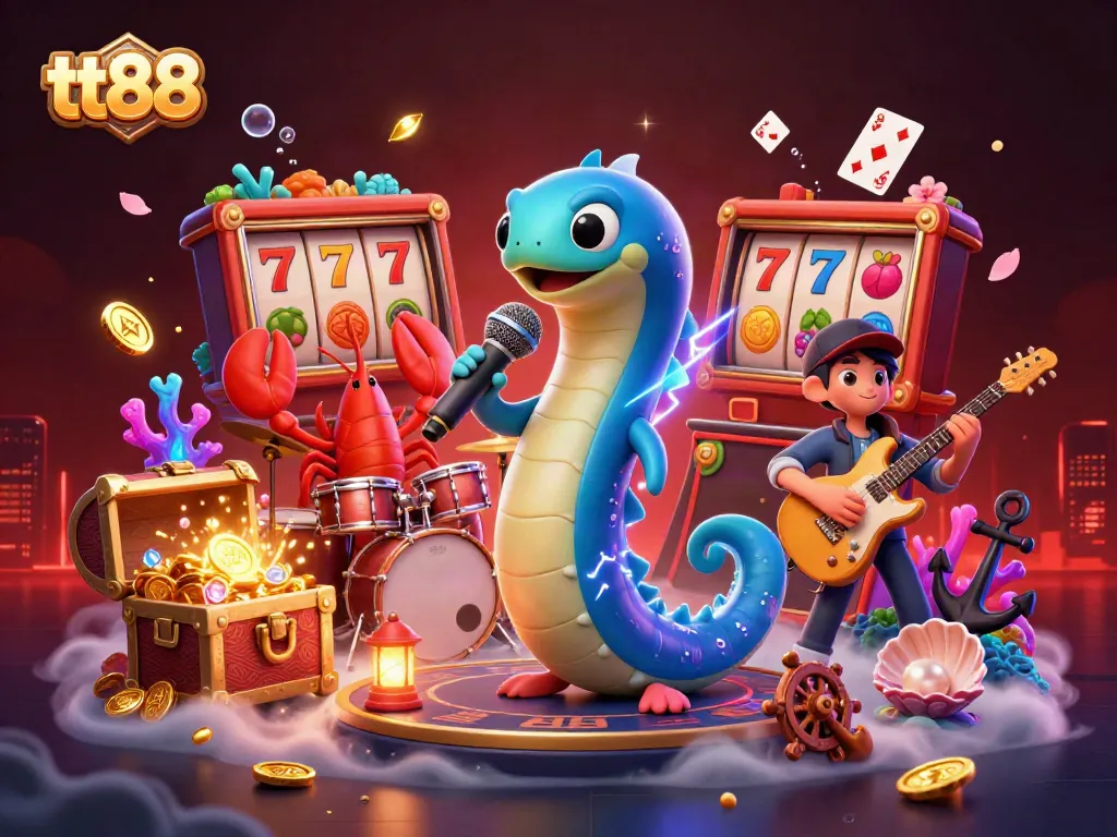 Engaging underwater scene with tt88 characters and rich casino elements like slot reels and treasure.