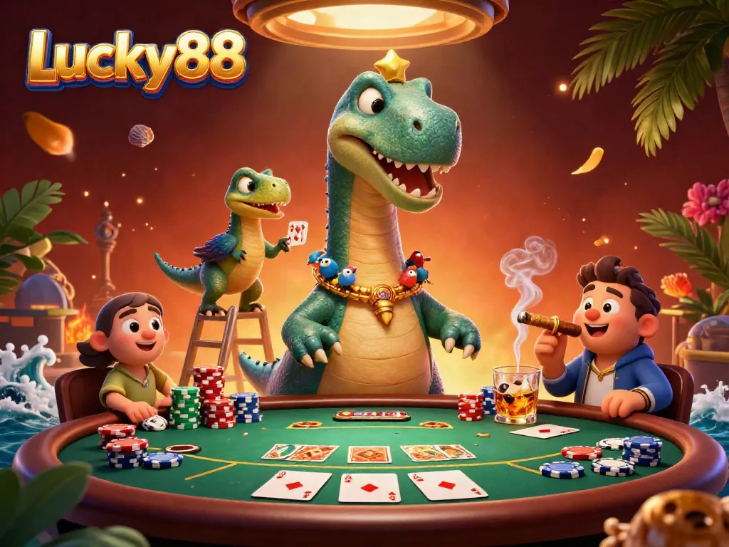 Experience casino excitement with Lucky88 in a whimsical 3D scene of a brontosaurus and raptor playing poker.