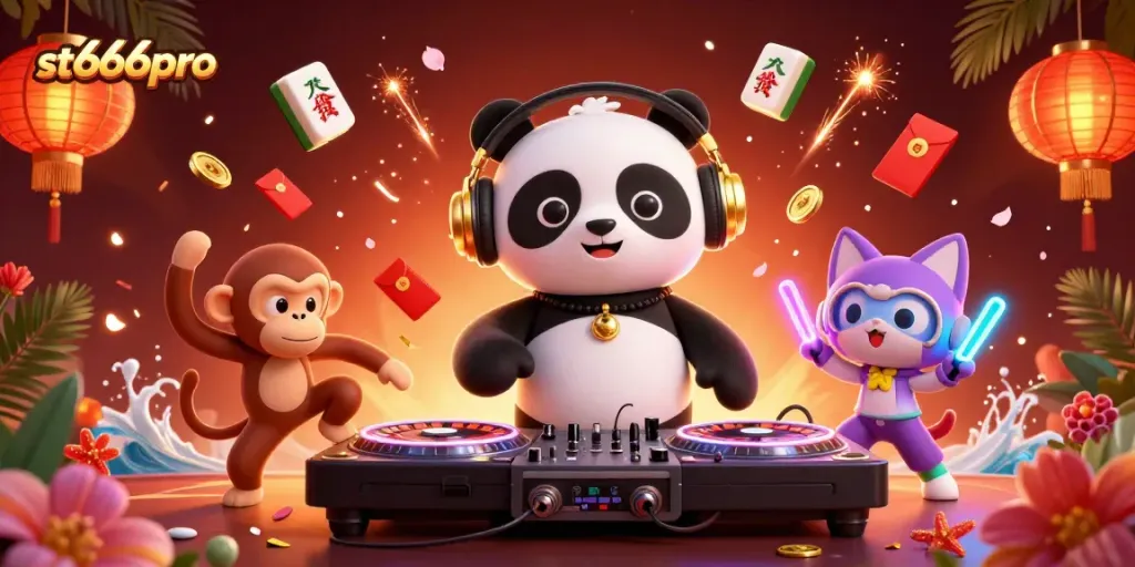 Spin the reels with st666pro's vibrant 3D casino scene featuring enchanting characters and festive game elements.