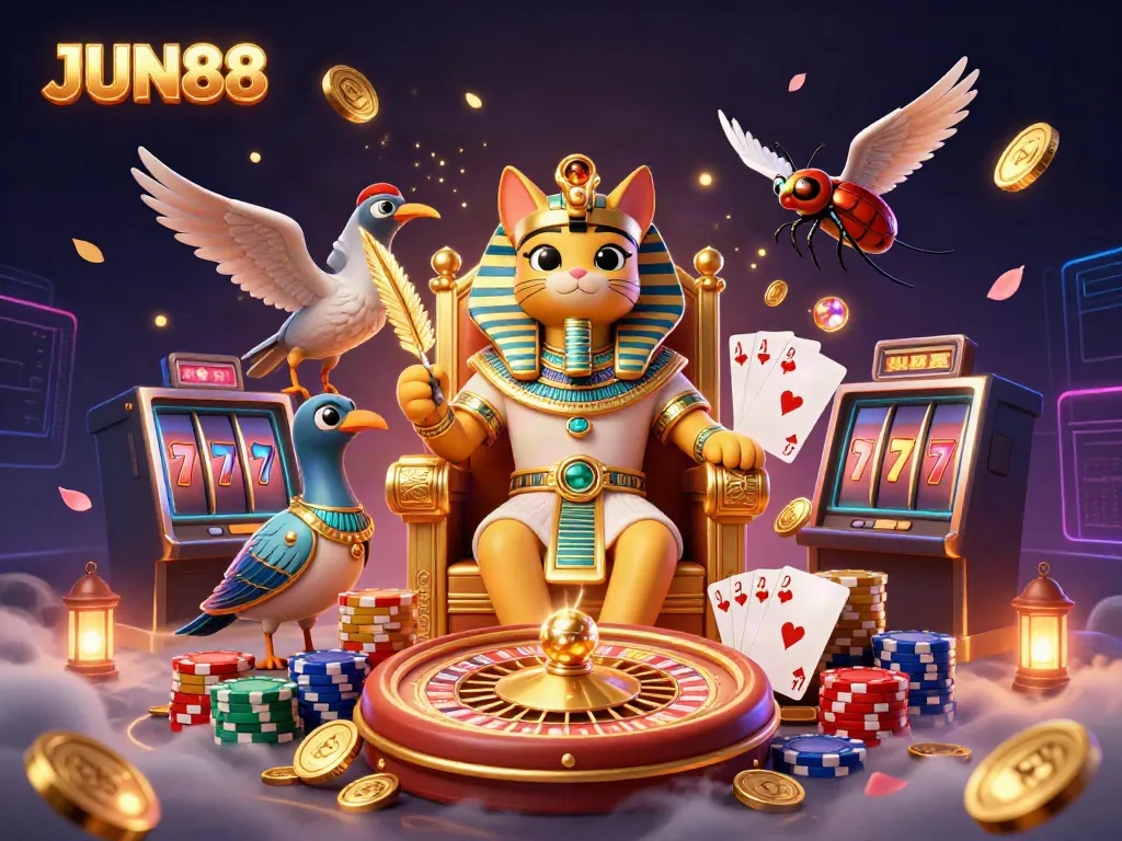 Experience the thrill of JUN88 with a vibrant 3D casino scene featuring classic games and stunning details.