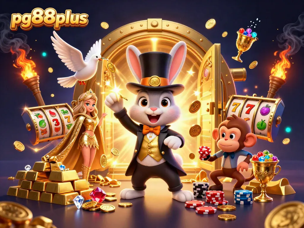 Experience the magic of pg88plus with a whimsical casino scene featuring a magician rabbit and treasures.