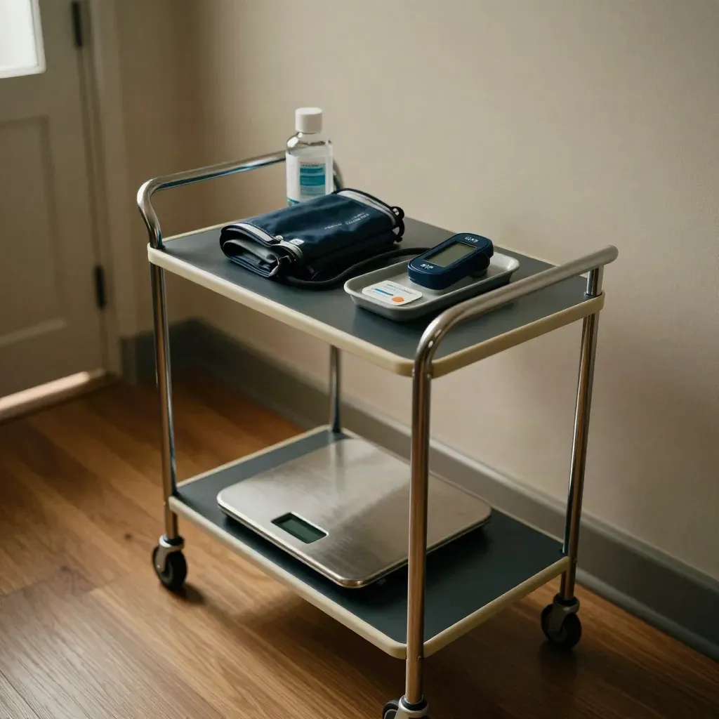 Wellness screening trolley with cuff, pulse oximeter, scale and wipes on a sunlit clinic floor.