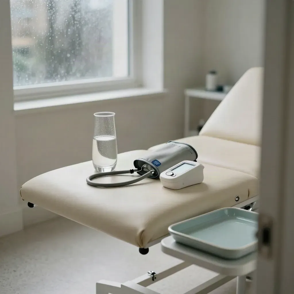 Moody preventive-health clinic room with screening tools on an exam couch in soft drizzle light.