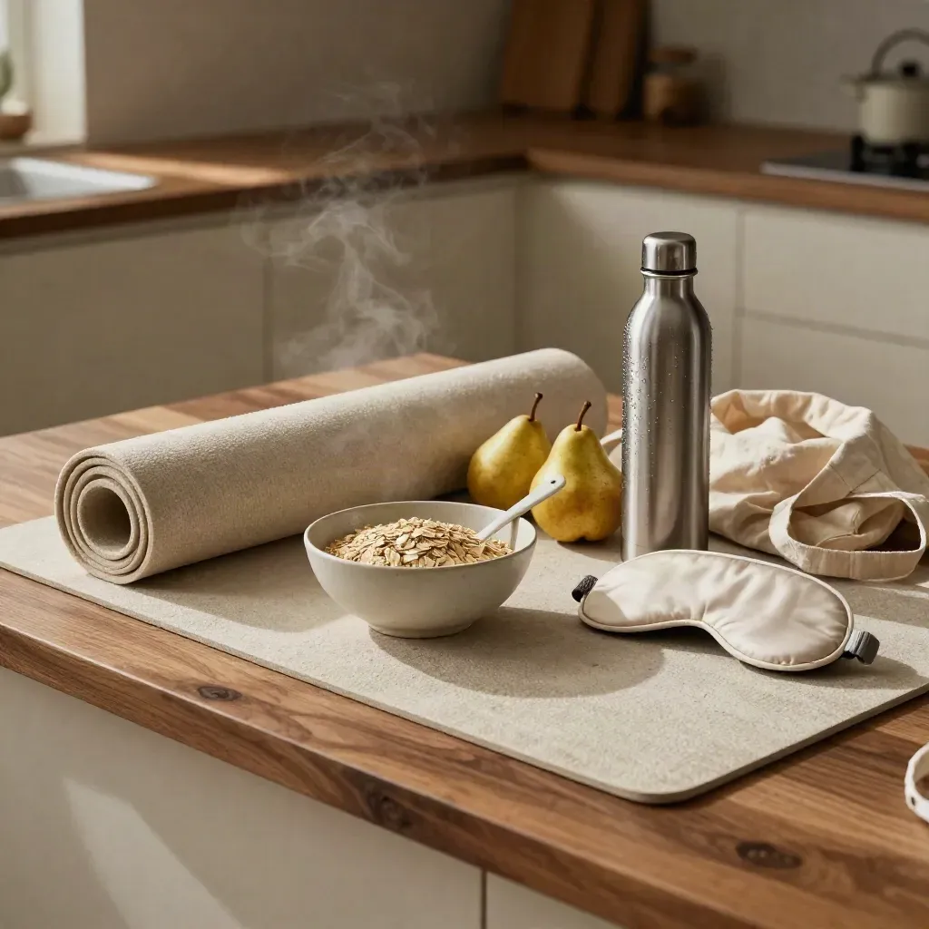 Lifestyle advice still life with oats, water bottle, sleep mask and exercise mat in a bright kitchen.
