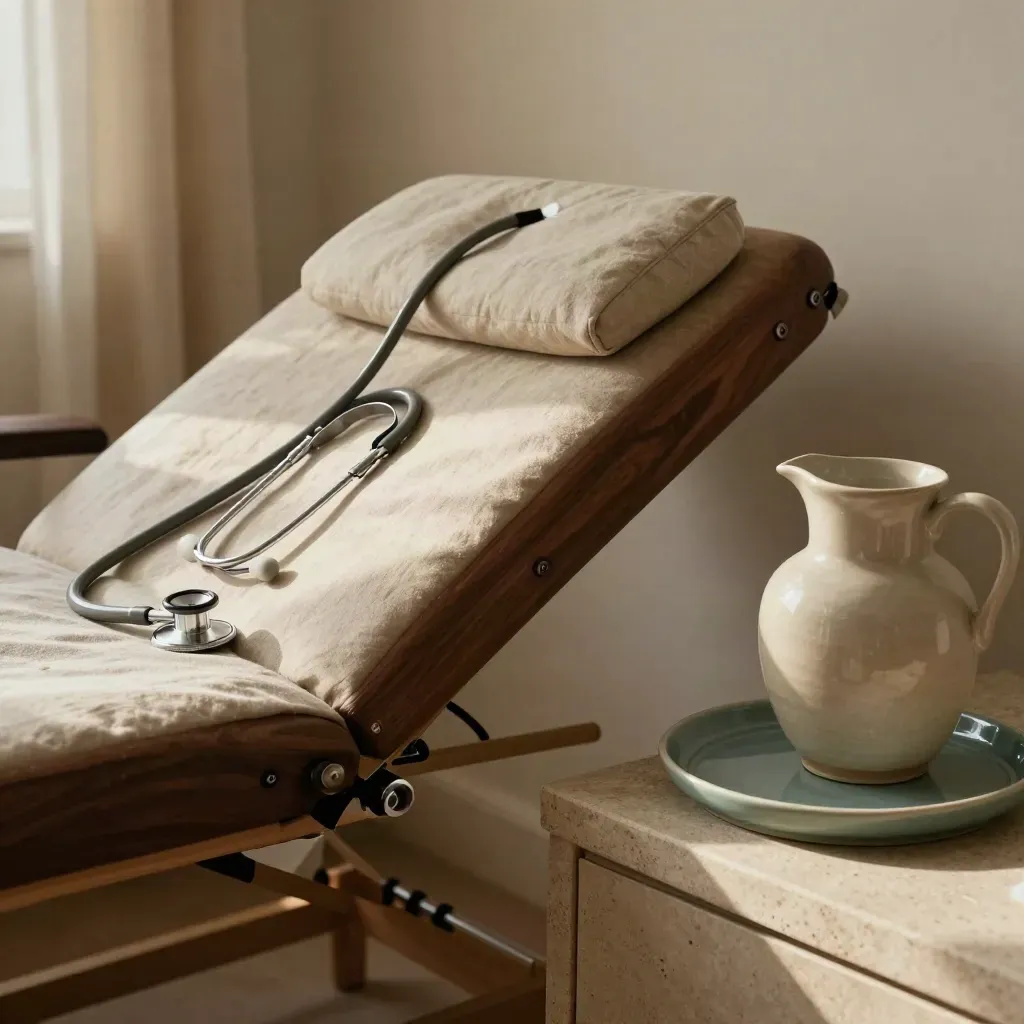 Walnut consultation couch with linen, stethoscope, ceramic jug and tray in soft morning light.