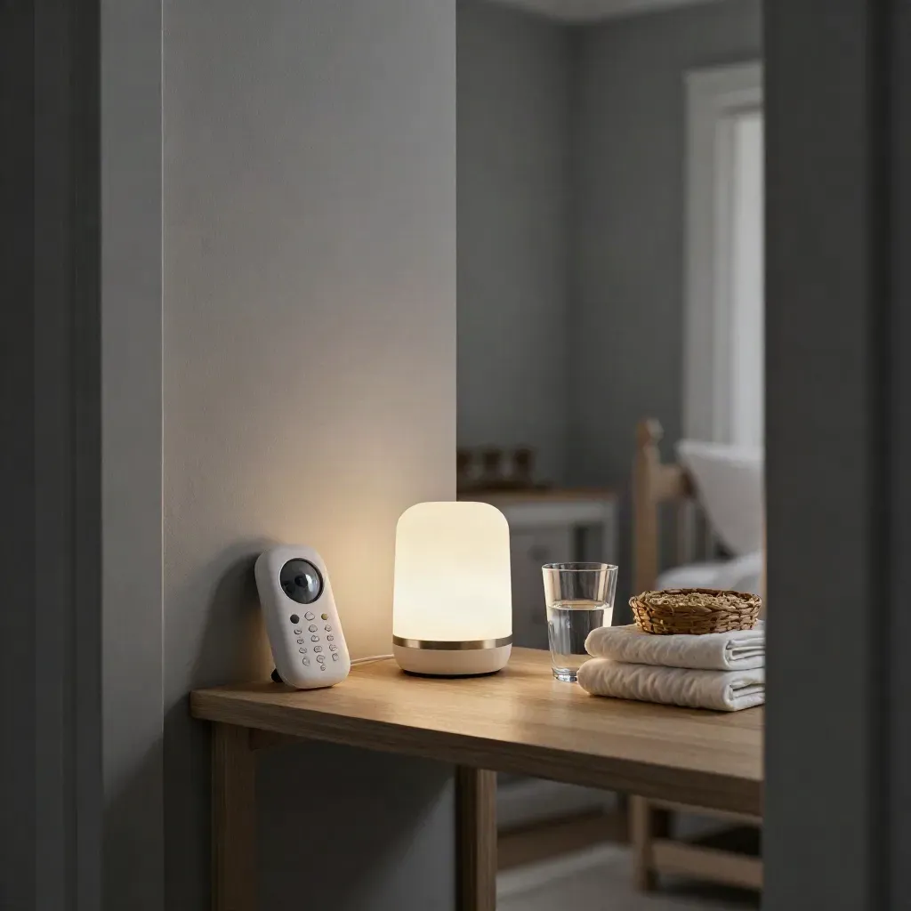 Nursery shelf with lamp, baby monitor, warmer, water glass and folded sleep sack in warm evening light.
