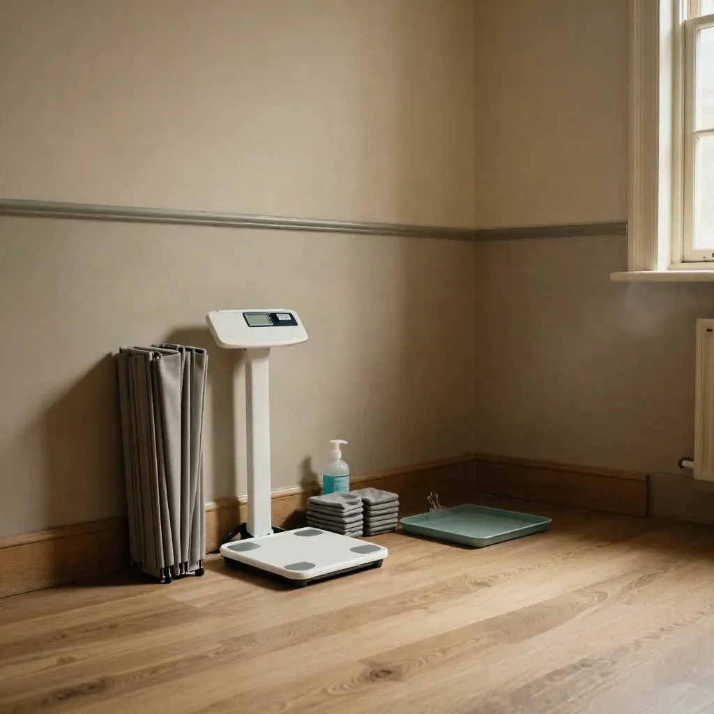 Reset office health-check station with folded partitions, scale, cuff cases, and sanitiser in a bright break-room corner.