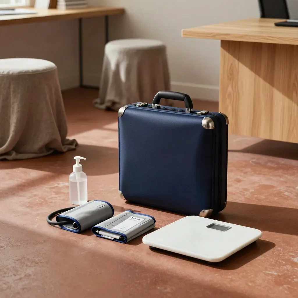 Packed small-business health kit in a bright office corner with stools and wellness tools
