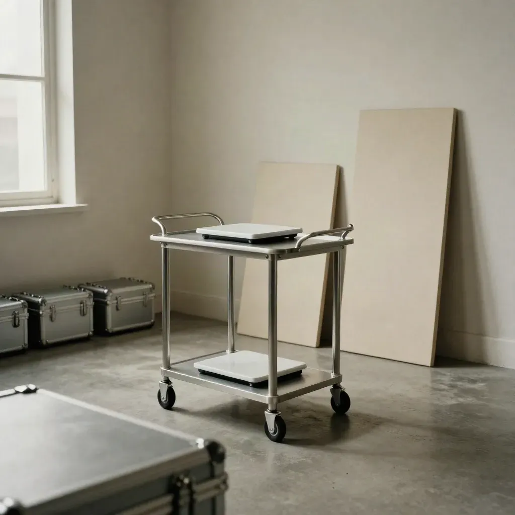 Studio screening trolley, scale, folded panels and cases in a bright loft