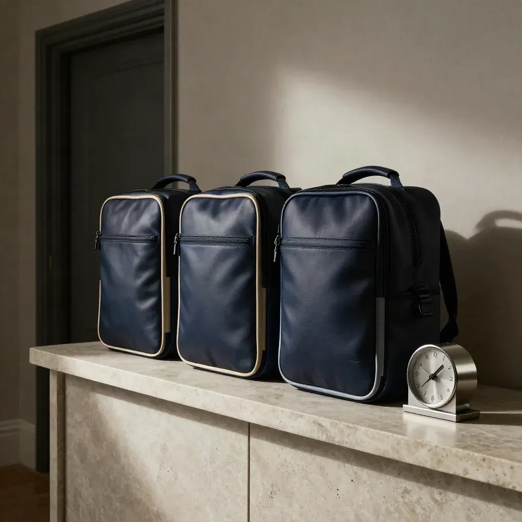 Three navy follow-up packs, a phone dock and small clock on a pale sideboard in a quiet hall.
